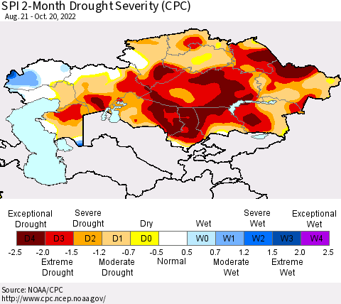 Kazakhstan SPI 2-Month Drought Severity (CPC) Thematic Map For 8/21/2022 - 10/20/2022