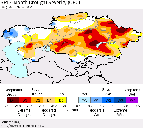 Kazakhstan SPI 2-Month Drought Severity (CPC) Thematic Map For 8/26/2022 - 10/25/2022