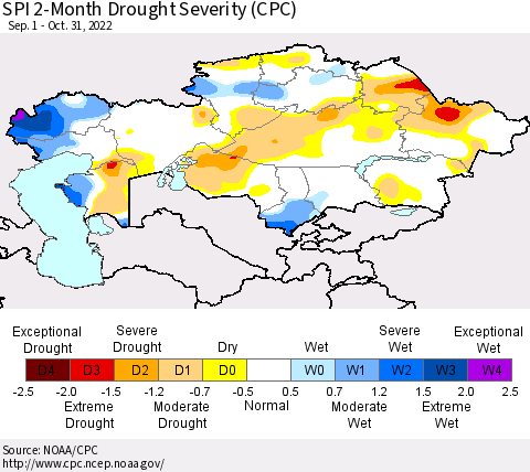 Kazakhstan SPI 2-Month Drought Severity (CPC) Thematic Map For 9/1/2022 - 10/31/2022