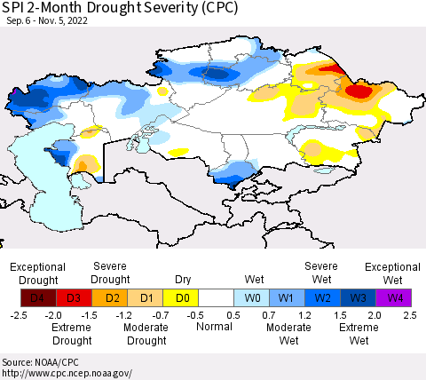 Kazakhstan SPI 2-Month Drought Severity (CPC) Thematic Map For 9/6/2022 - 11/5/2022