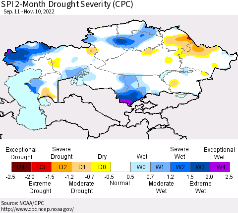 Kazakhstan SPI 2-Month Drought Severity (CPC) Thematic Map For 9/11/2022 - 11/10/2022