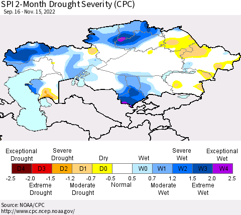 Kazakhstan SPI 2-Month Drought Severity (CPC) Thematic Map For 9/16/2022 - 11/15/2022