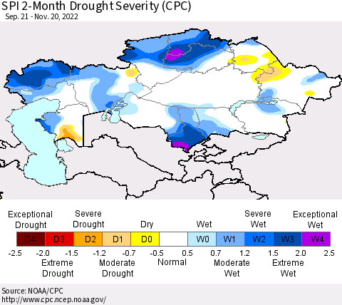 Kazakhstan SPI 2-Month Drought Severity (CPC) Thematic Map For 9/21/2022 - 11/20/2022