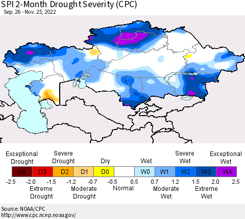 Kazakhstan SPI 2-Month Drought Severity (CPC) Thematic Map For 9/26/2022 - 11/25/2022