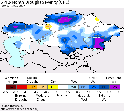 Kazakhstan SPI 2-Month Drought Severity (CPC) Thematic Map For 10/6/2022 - 12/5/2022
