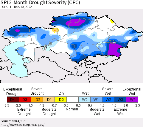 Kazakhstan SPI 2-Month Drought Severity (CPC) Thematic Map For 10/11/2022 - 12/10/2022