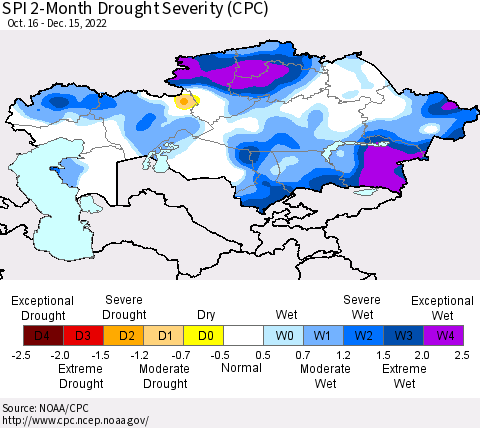 Kazakhstan SPI 2-Month Drought Severity (CPC) Thematic Map For 10/16/2022 - 12/15/2022