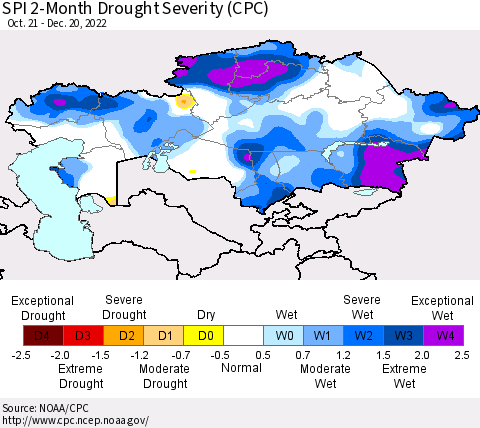 Kazakhstan SPI 2-Month Drought Severity (CPC) Thematic Map For 10/21/2022 - 12/20/2022
