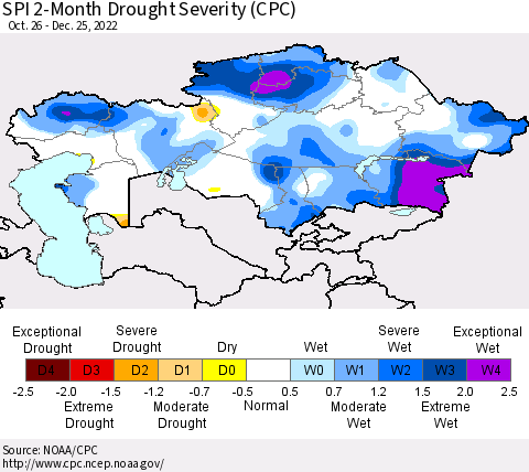 Kazakhstan SPI 2-Month Drought Severity (CPC) Thematic Map For 10/26/2022 - 12/25/2022