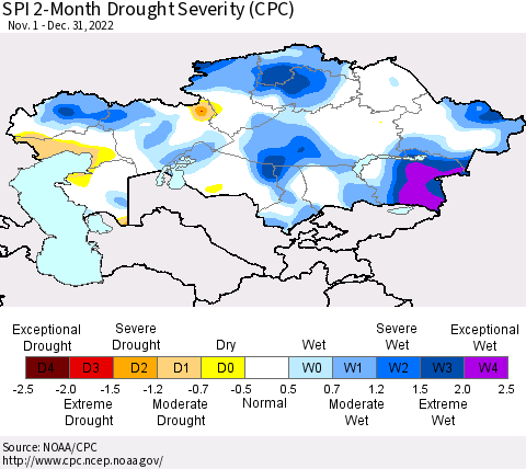 Kazakhstan SPI 2-Month Drought Severity (CPC) Thematic Map For 11/1/2022 - 12/31/2022