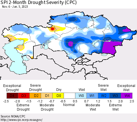 Kazakhstan SPI 2-Month Drought Severity (CPC) Thematic Map For 11/6/2022 - 1/5/2023