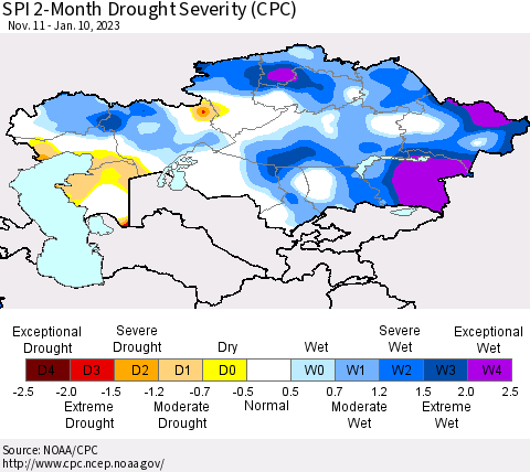 Kazakhstan SPI 2-Month Drought Severity (CPC) Thematic Map For 11/11/2022 - 1/10/2023
