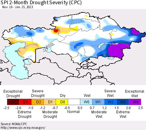 Kazakhstan SPI 2-Month Drought Severity (CPC) Thematic Map For 11/16/2022 - 1/15/2023