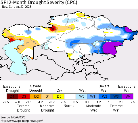 Kazakhstan SPI 2-Month Drought Severity (CPC) Thematic Map For 11/21/2022 - 1/20/2023