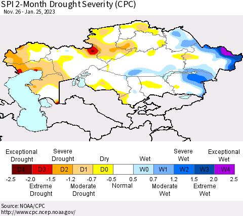 Kazakhstan SPI 2-Month Drought Severity (CPC) Thematic Map For 11/26/2022 - 1/25/2023