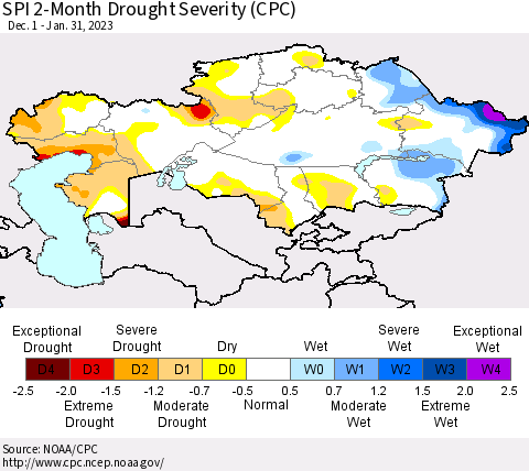 Kazakhstan SPI 2-Month Drought Severity (CPC) Thematic Map For 12/1/2022 - 1/31/2023