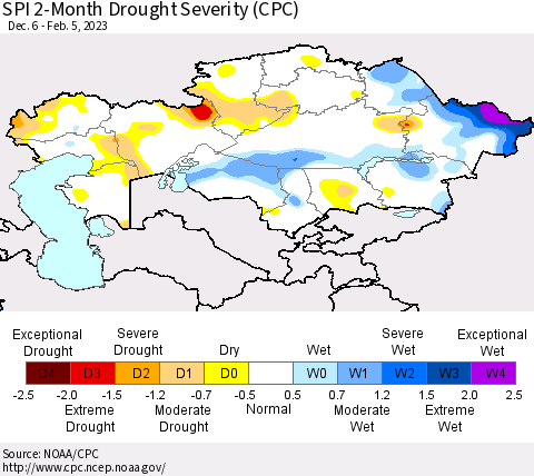 Kazakhstan SPI 2-Month Drought Severity (CPC) Thematic Map For 12/6/2022 - 2/5/2023