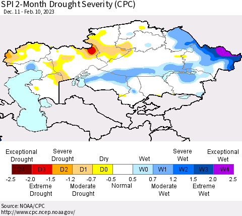 Kazakhstan SPI 2-Month Drought Severity (CPC) Thematic Map For 12/11/2022 - 2/10/2023
