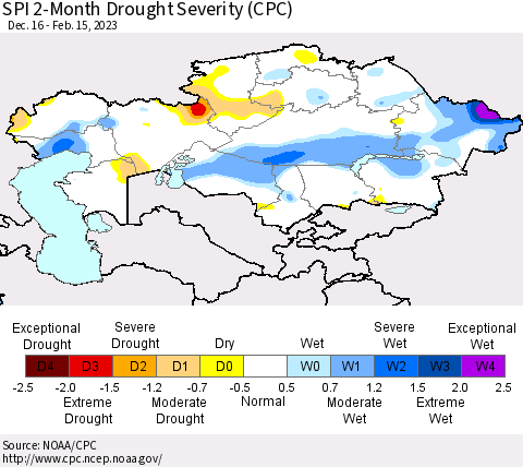 Kazakhstan SPI 2-Month Drought Severity (CPC) Thematic Map For 12/16/2022 - 2/15/2023