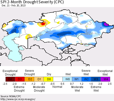 Kazakhstan SPI 2-Month Drought Severity (CPC) Thematic Map For 12/21/2022 - 2/20/2023