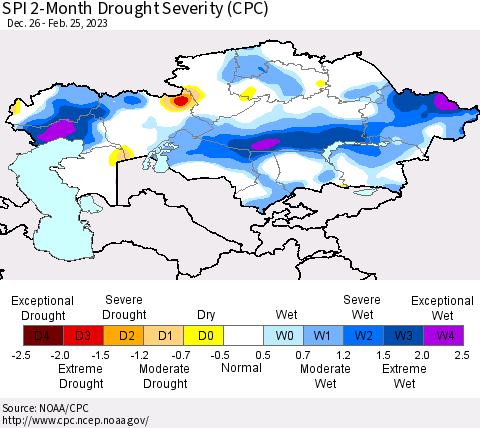 Kazakhstan SPI 2-Month Drought Severity (CPC) Thematic Map For 12/26/2022 - 2/25/2023