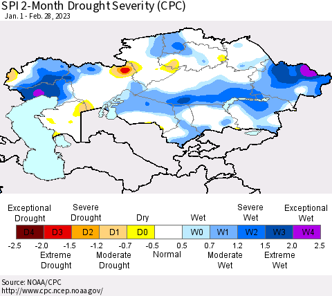 Kazakhstan SPI 2-Month Drought Severity (CPC) Thematic Map For 1/1/2023 - 2/28/2023