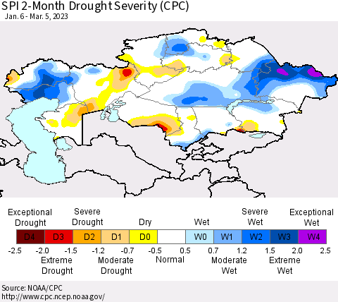 Kazakhstan SPI 2-Month Drought Severity (CPC) Thematic Map For 1/6/2023 - 3/5/2023