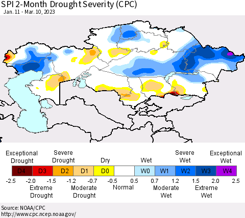 Kazakhstan SPI 2-Month Drought Severity (CPC) Thematic Map For 1/11/2023 - 3/10/2023