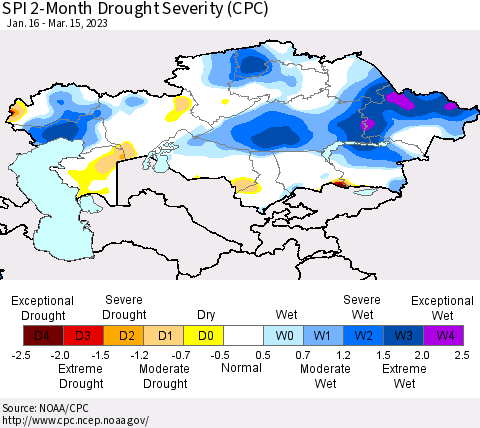 Kazakhstan SPI 2-Month Drought Severity (CPC) Thematic Map For 1/16/2023 - 3/15/2023