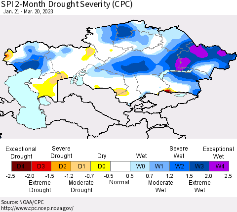 Kazakhstan SPI 2-Month Drought Severity (CPC) Thematic Map For 1/21/2023 - 3/20/2023
