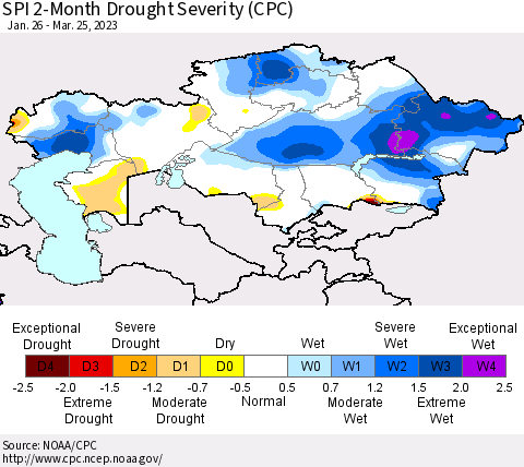 Kazakhstan SPI 2-Month Drought Severity (CPC) Thematic Map For 1/26/2023 - 3/25/2023