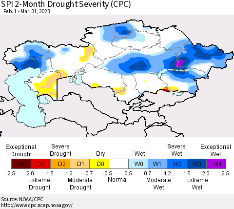 Kazakhstan SPI 2-Month Drought Severity (CPC) Thematic Map For 2/1/2023 - 3/31/2023