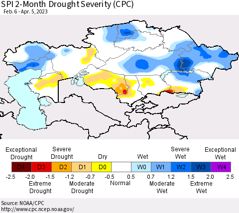 Kazakhstan SPI 2-Month Drought Severity (CPC) Thematic Map For 2/6/2023 - 4/5/2023
