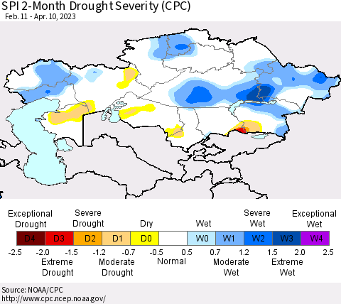 Kazakhstan SPI 2-Month Drought Severity (CPC) Thematic Map For 2/11/2023 - 4/10/2023