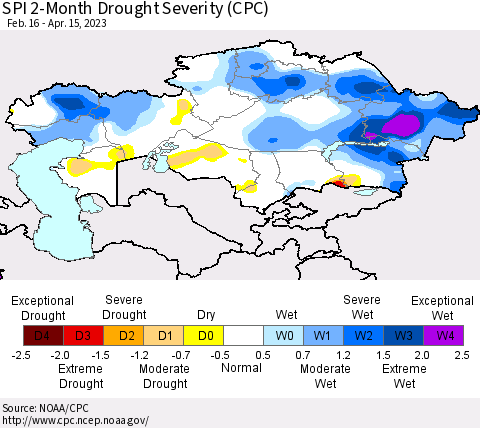 Kazakhstan SPI 2-Month Drought Severity (CPC) Thematic Map For 2/16/2023 - 4/15/2023