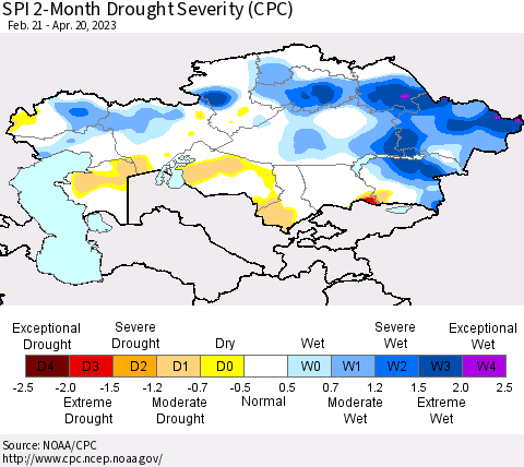Kazakhstan SPI 2-Month Drought Severity (CPC) Thematic Map For 2/21/2023 - 4/20/2023