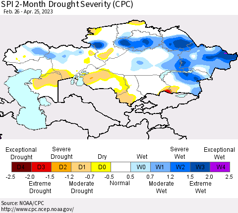 Kazakhstan SPI 2-Month Drought Severity (CPC) Thematic Map For 2/26/2023 - 4/25/2023