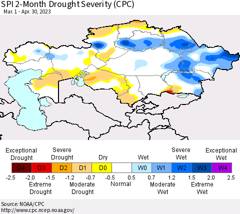 Kazakhstan SPI 2-Month Drought Severity (CPC) Thematic Map For 3/1/2023 - 4/30/2023