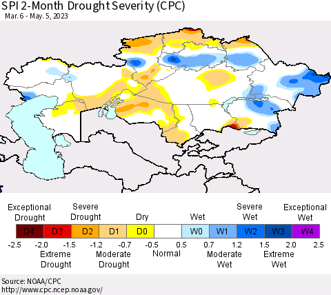 Kazakhstan SPI 2-Month Drought Severity (CPC) Thematic Map For 3/6/2023 - 5/5/2023