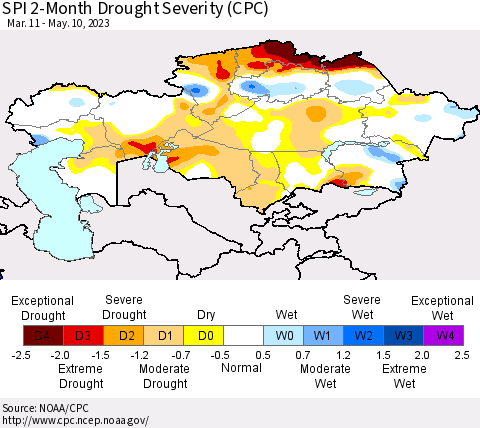 Kazakhstan SPI 2-Month Drought Severity (CPC) Thematic Map For 3/11/2023 - 5/10/2023
