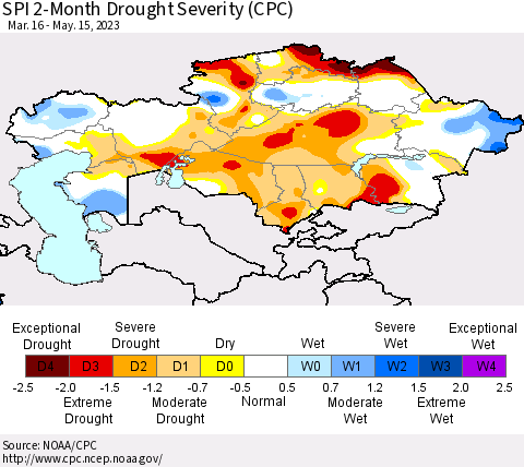 Kazakhstan SPI 2-Month Drought Severity (CPC) Thematic Map For 3/16/2023 - 5/15/2023