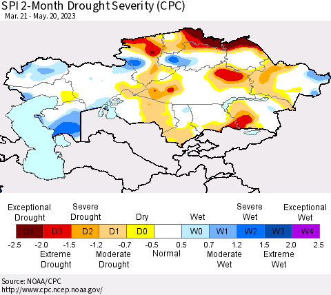 Kazakhstan SPI 2-Month Drought Severity (CPC) Thematic Map For 3/21/2023 - 5/20/2023