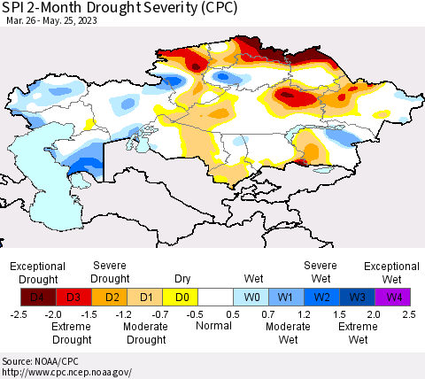 Kazakhstan SPI 2-Month Drought Severity (CPC) Thematic Map For 3/26/2023 - 5/25/2023