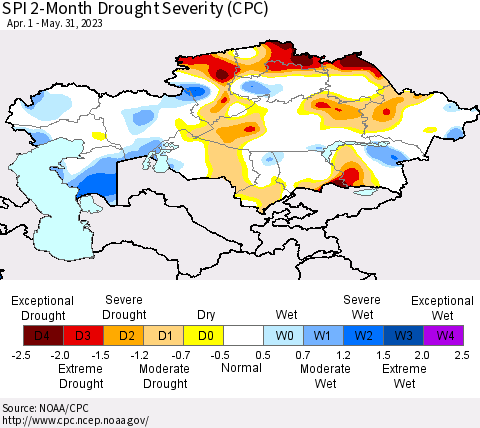 Kazakhstan SPI 2-Month Drought Severity (CPC) Thematic Map For 4/1/2023 - 5/31/2023