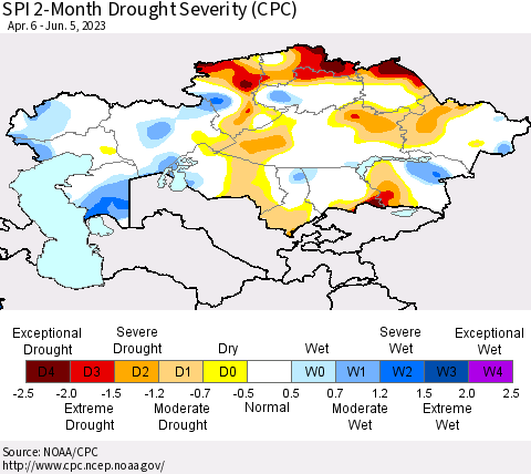 Kazakhstan SPI 2-Month Drought Severity (CPC) Thematic Map For 4/6/2023 - 6/5/2023
