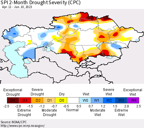 Kazakhstan SPI 2-Month Drought Severity (CPC) Thematic Map For 4/11/2023 - 6/10/2023