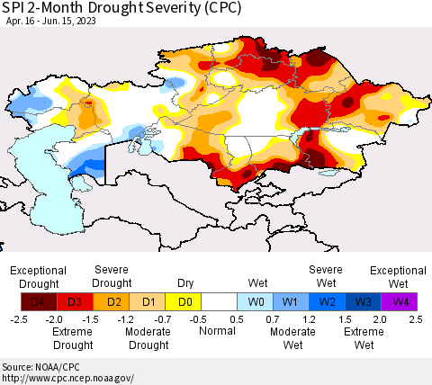 Kazakhstan SPI 2-Month Drought Severity (CPC) Thematic Map For 4/16/2023 - 6/15/2023
