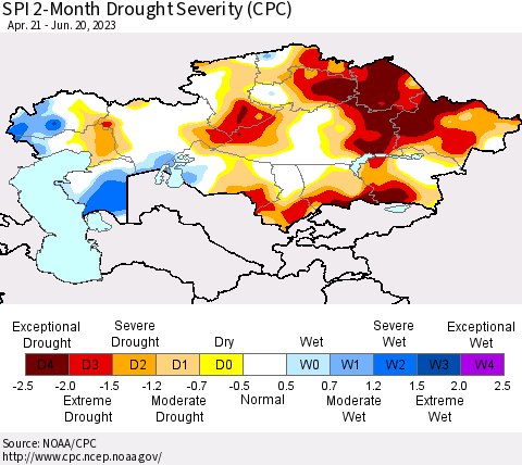 Kazakhstan SPI 2-Month Drought Severity (CPC) Thematic Map For 4/21/2023 - 6/20/2023