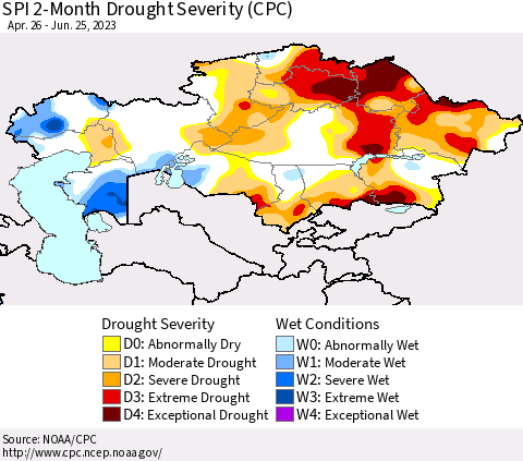 Kazakhstan SPI 2-Month Drought Severity (CPC) Thematic Map For 4/26/2023 - 6/25/2023