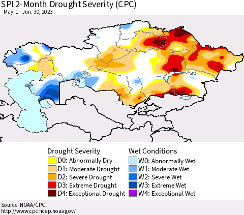 Kazakhstan SPI 2-Month Drought Severity (CPC) Thematic Map For 5/1/2023 - 6/30/2023